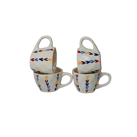 Multicoloured Heart Pattern Ceramic Coffee Mugs with Handles 175 ml | Set of 2
