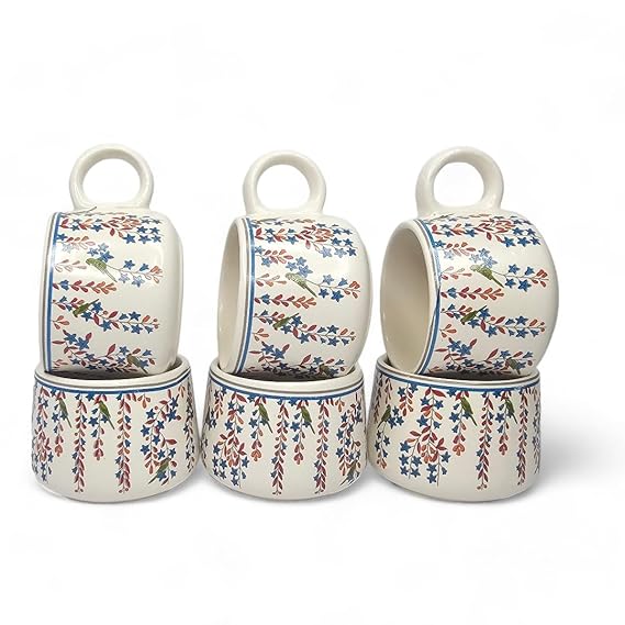 Nature Floral Leaves Handprinted Ceramic Coffee Tea Cup | 125 ml | Pack of 6