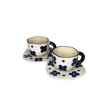 Blue Floral Design Ceramic Cup and Saucer Set of 2 | Ceramic Cup 200ml