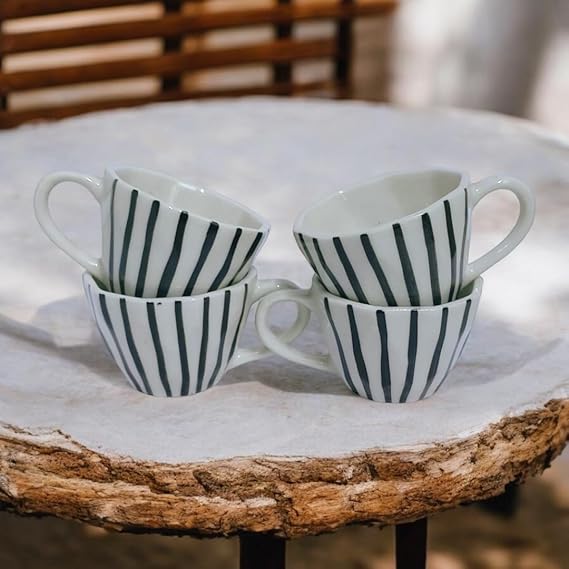 White & Black Print Tea/Coffee Mug 175 Ml Set of 4