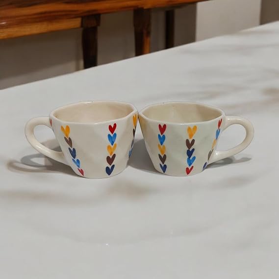 Multicoloured Heart Pattern Ceramic Coffee Mugs with Handles 175 ml | Set of 2
