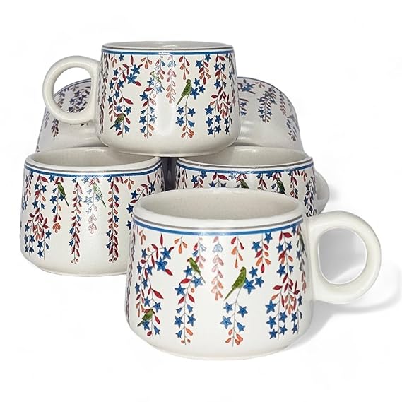 Nature Floral Leaves Handprinted Ceramic Coffee Tea Cup | 125 ml | Pack of 6