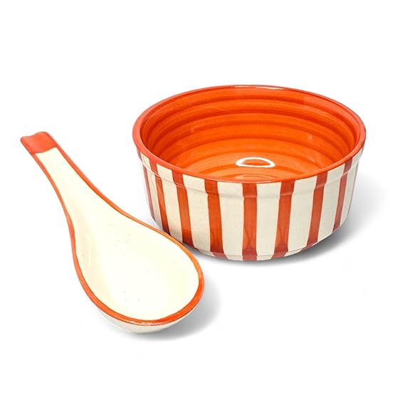 Orange Ceramic Soup Bowl with Spoon | Handpainted Set of 2