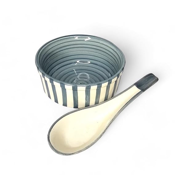 Gray Ceramic Soup Bowl with Spoon 300ml  | Handpainted Set of 2