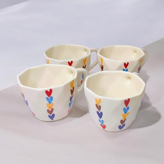 Multicoloured Heart Pattern Ceramic Coffee Mugs with Handles 175 ml | Set of 2