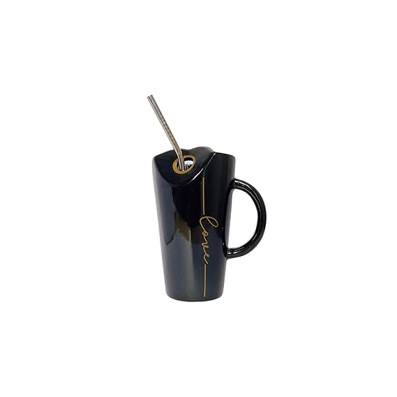 Tall Sipper Mug with Handle and Straw  Black 400ml