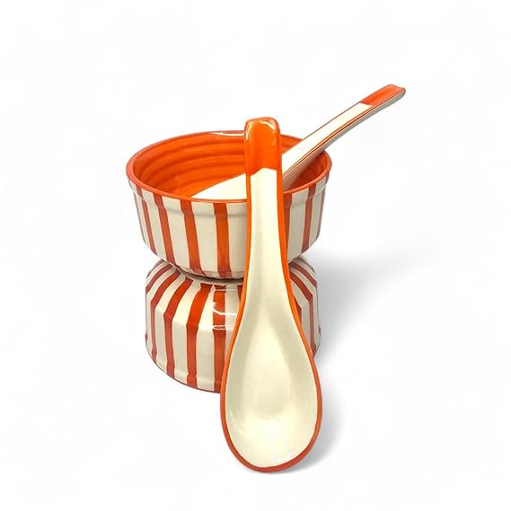 Orange Ceramic Soup Bowl with Spoon | Handpainted Set of 2