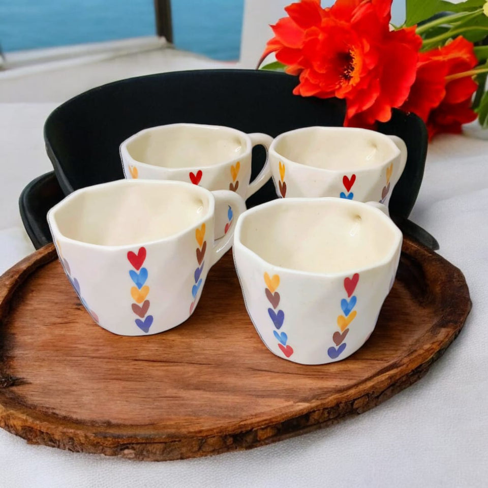 Multicoloured Heart Pattern Ceramic Coffee Mugs with Handles 175 ml | Set of 2