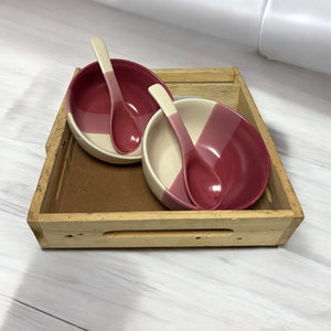 TT Pink Matte Ceramic Bowls 150ml with Spoon | Dinner Bowls- Set of 2