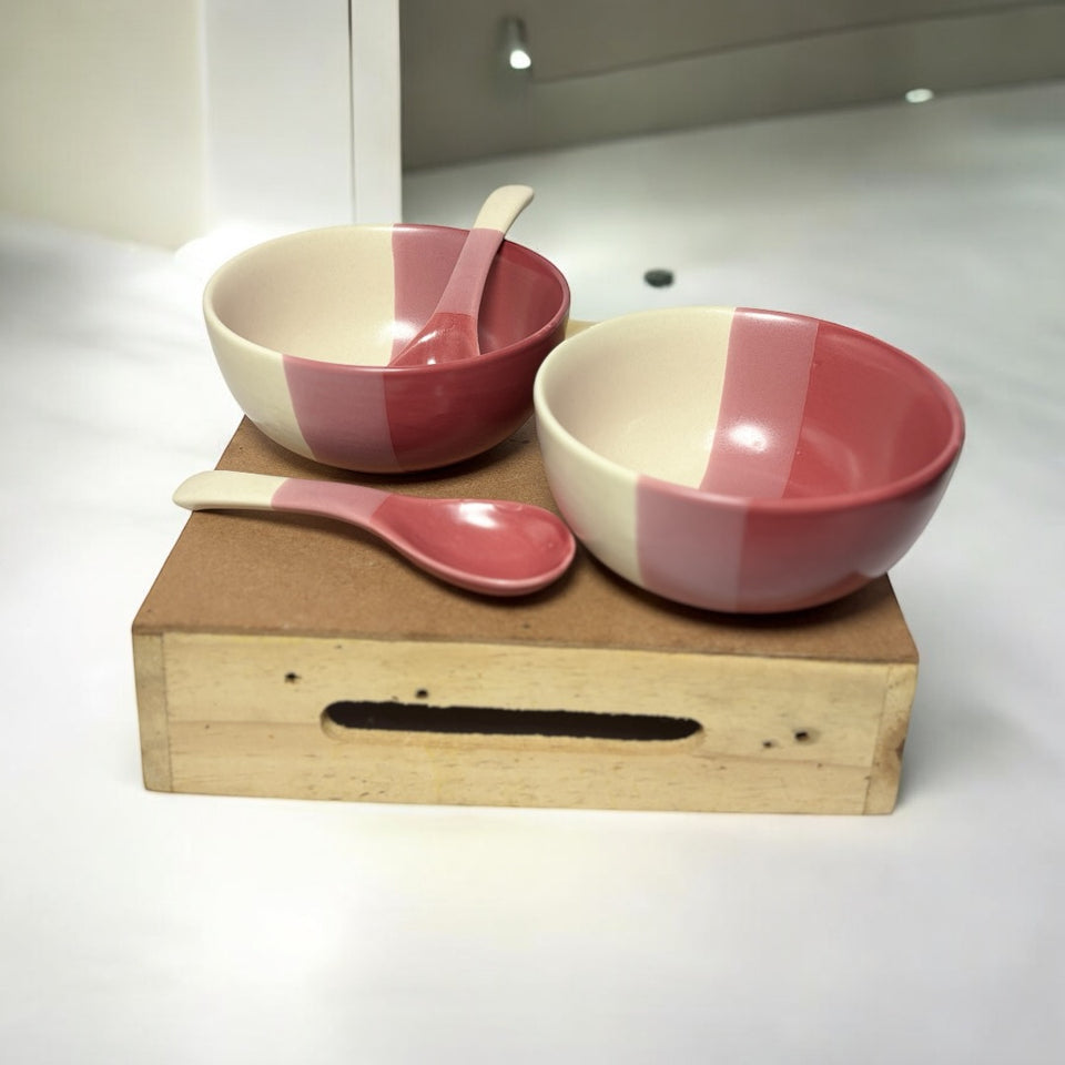 TT Pink Matte Ceramic Bowls 150ml with Spoon | Dinner Bowls- Set of 2