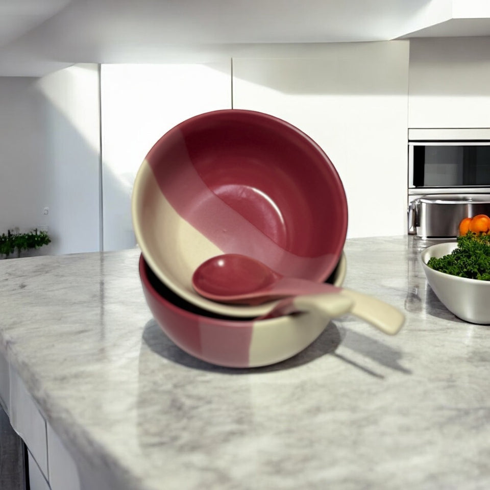TT Pink Matte Ceramic Bowls 150ml with Spoon | Dinner Bowls- Set of 2
