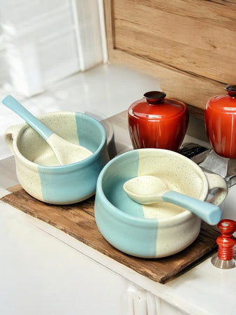 White & Blue Ceramic Soup Bowl with Spoon 300ml | Set of 2