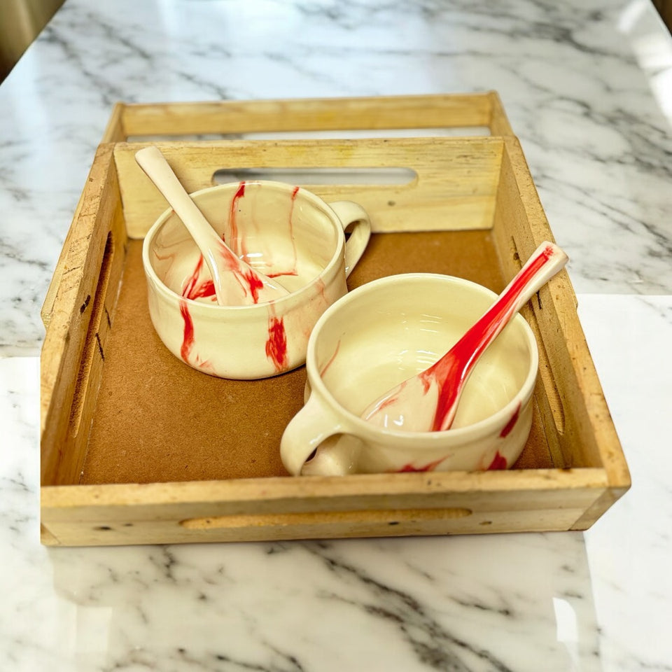 Red & White Ceramic Soup Bowl with Spoon 300ml | Set of 2