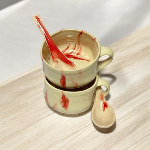 Red & White Ceramic Soup Bowl with Spoon 300ml | Set of 2