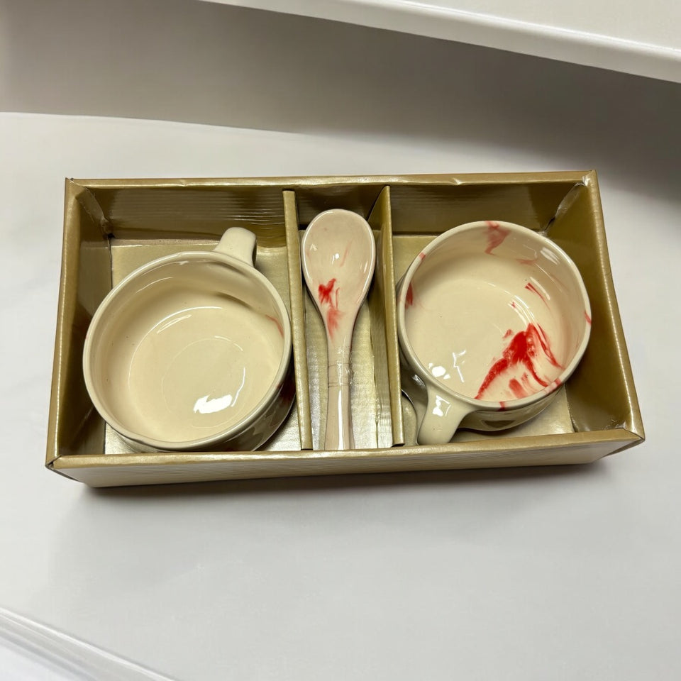 Red & White Ceramic Soup Bowl with Spoon 300ml | Set of 2