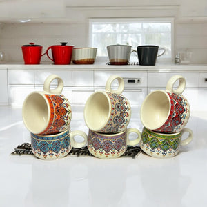 Hand-Painted Premium Ceramic Tea Morning Set | 6 Coffee Tea Cups 150ml and 1 Kettle 750ml
