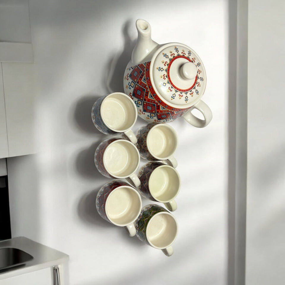 Hand-Painted Premium Ceramic Tea Morning Set | 6 Coffee Tea Cups 150ml and 1 Kettle 750ml